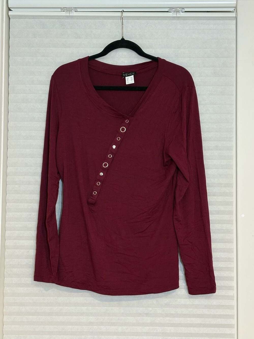 Venus Long Sleeve Henley Top Size L Burgundy Asymmetric Button Trim